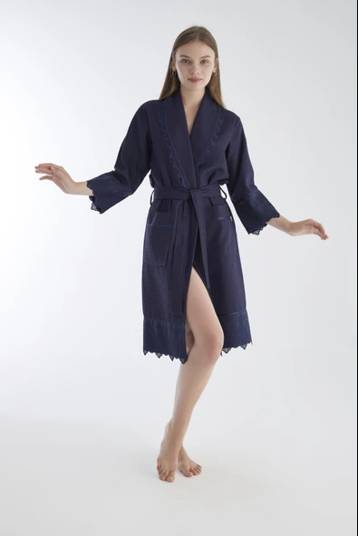 Kısa Dantelli Pike Bambu Cotton Bayan Sabahlık - 8