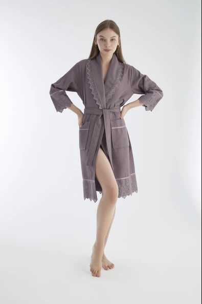 Kısa Dantelli Pike Bambu Cotton Bayan Sabahlık - 2