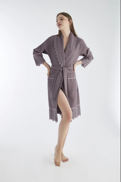 Kısa Dantelli Pike Bambu Cotton Bayan Sabahlık - 3