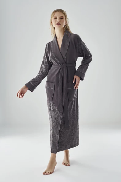 Eteği Jakarlı Niki Kadife Bambu Cotton Bayan Sabahlık - 10