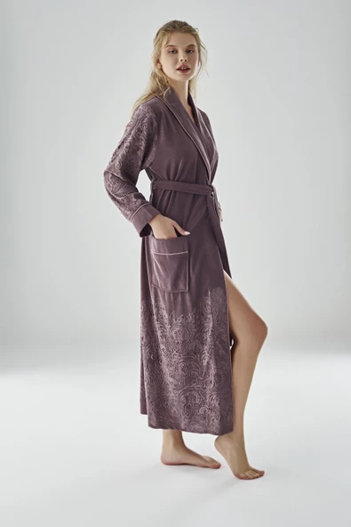 Eteği Jakarlı Niki Kadife Bambu Cotton Bayan Sabahlık - 2