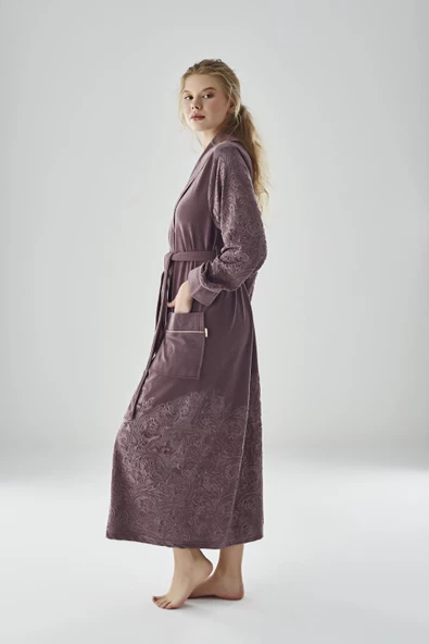 Eteği Jakarlı Niki Kadife Bambu Cotton Bayan Sabahlık - 3