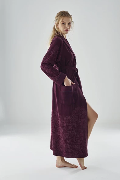 Eteği Jakarlı Niki Kadife Bambu Cotton Bayan Sabahlık - 7