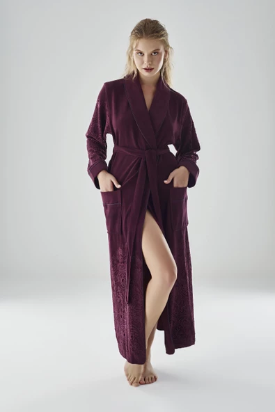 Eteği Jakarlı Niki Kadife Bambu Cotton Bayan Sabahlık - 5