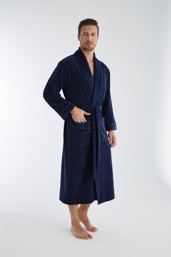 Baklava Desen Jakarlı Niki Kadife Bambu Cotton Erkek Sabahlık