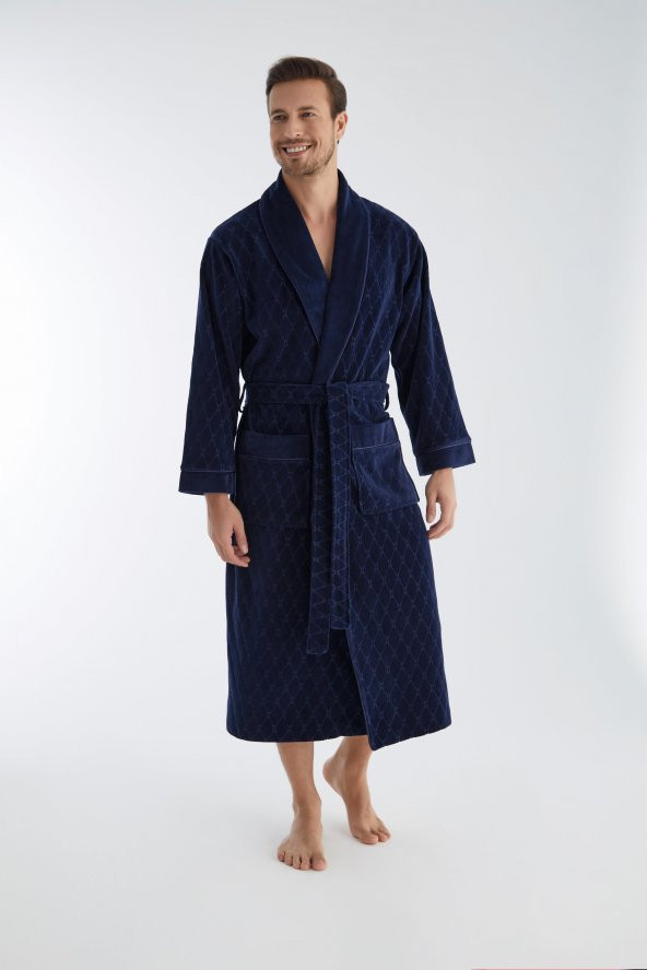 Baklava Desen Jakarlı Niki Kadife Bambu Cotton Erkek Sabahlık - 2