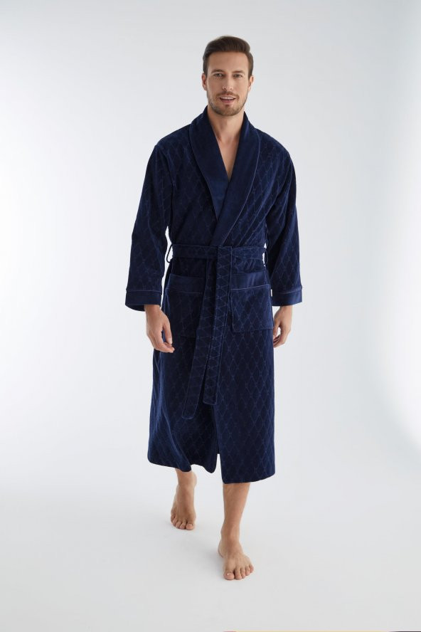 Baklava Desen Jakarlı Niki Kadife Bambu Cotton Erkek Sabahlık - 3