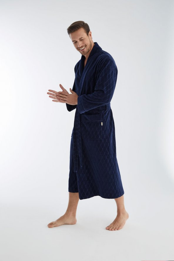 Baklava Desen Jakarlı Niki Kadife Bambu Cotton Erkek Sabahlık - 4