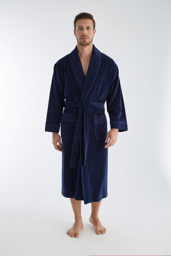 Baklava Desen Yaka Niki Kadife Bambu Cotton Erkek Sabahlık - 2