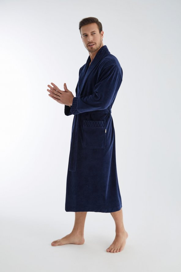 Baklava Desen Yaka Niki Kadife Bambu Cotton Erkek Sabahlık - 4