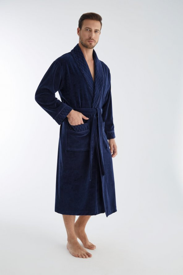 Baklava Desen Yaka Niki Kadife Bambu Cotton Erkek Sabahlık - 5