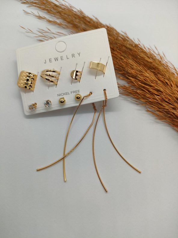 Gold Renk Çubuk Detaylı Çoklu Küpe Seti 096