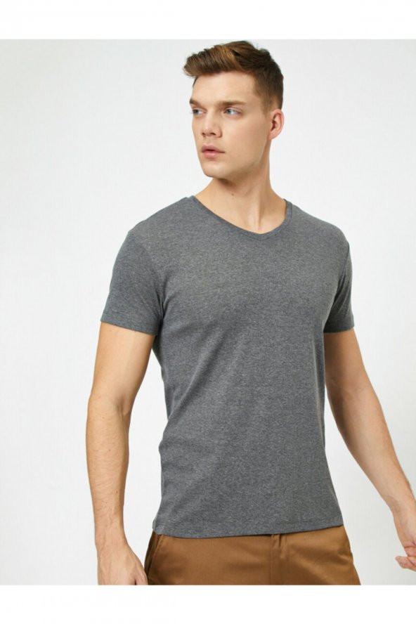 KOTON Erkek Antrasit V Yaka Likralı Esnek Kumaşlı Slim Fit Tişört - - 2