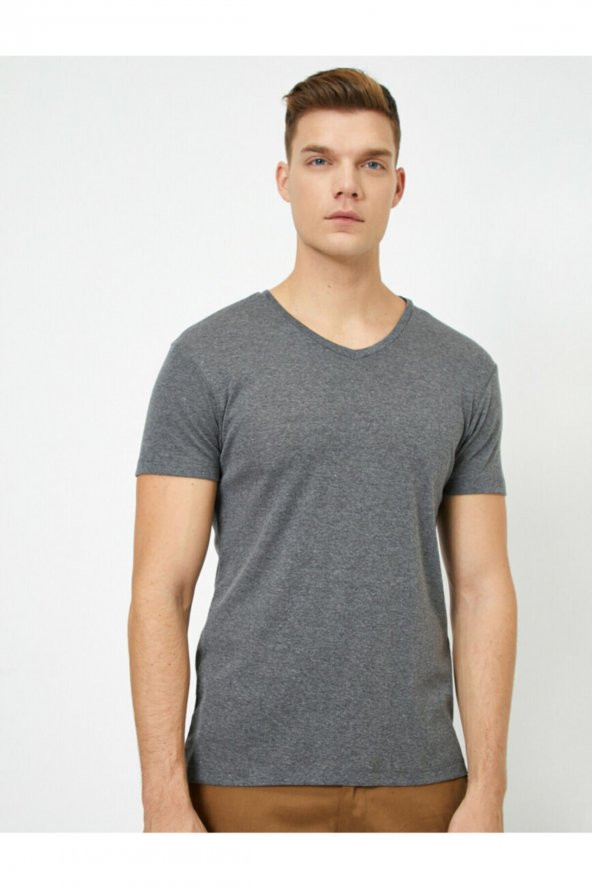 KOTON Erkek Antrasit V Yaka Likralı Esnek Kumaşlı Slim Fit Tişört - - 3
