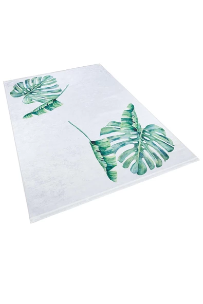 Yaprak Desenli Yıkanabilir Pamuk Taban Dekoratif Halı  BEYAZ 100X200 - 2
