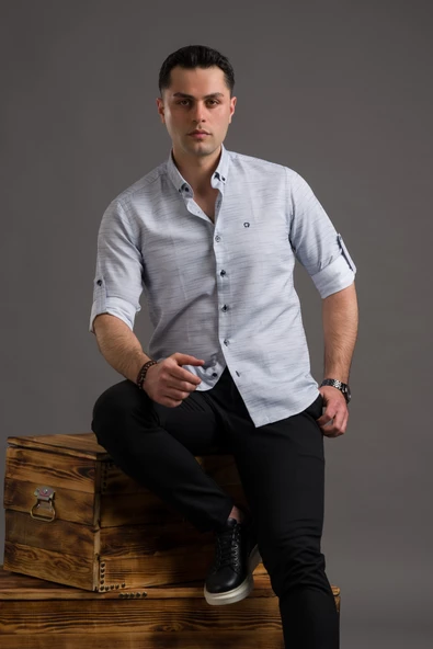 HASIRLI SLİMFİT DÜĞMELİ YAKA KATLAMALI UZUN KOL ERKEK GÖMLEK - 5