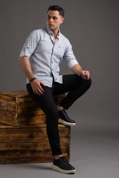 HASIRLI SLİMFİT DÜĞMELİ YAKA KATLAMALI UZUN KOL ERKEK GÖMLEK - 7