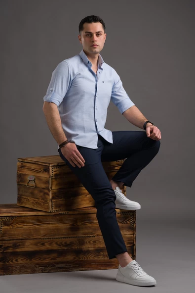 HASIRLI SLİMFİT DÜĞMELİ YAKA KATLAMALI UZUN KOL ERKEK GÖMLEK - 2