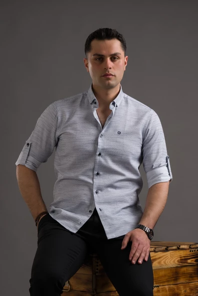 HASIRLI SLİMFİT DÜĞMELİ YAKA KATLAMALI UZUN KOL ERKEK GÖMLEK - 6