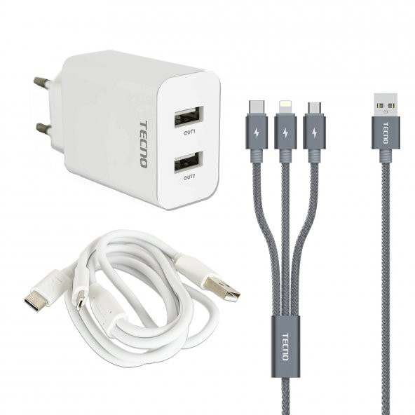 Tecno Casper Via F20 Çift UsbA & Type-C, Lightning, Micro Çıkışlı 5in1 Kablolu Hızlı Şarj Aleti