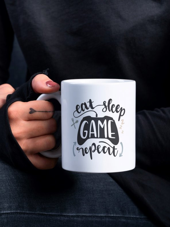Eat Sleep Game Repeat Gamer-Oyuncu Temalı Özel Tasarım Baskılı Kupa Bardak Gamer Kupa Kahve Bardağı
