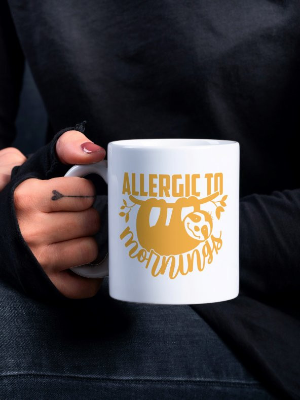 Pandalı Allergic to Mornings Yazılı Eğlenceli Özel Tasarım Baskılı Kupa Bardak Hediye Kahve Bardağı