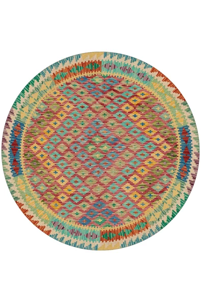 Etnik Kilim Desenli Pamuk Taban Yıkanabilir Yuvarlak Halı  KIRMIZI 140x140