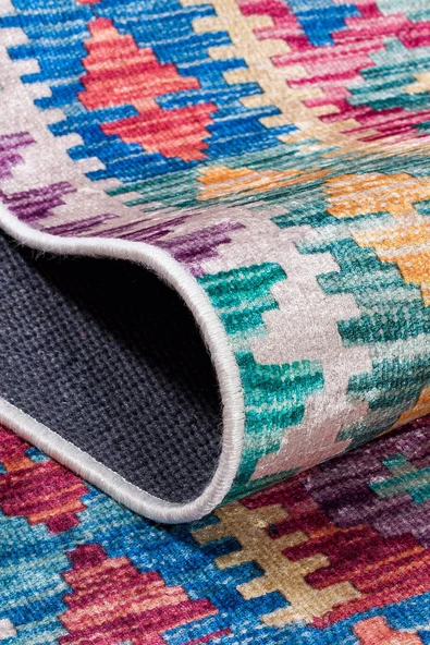 Etnik Kilim Desenli Pamuk Taban Yıkanabilir Halı  KIRMIZI 80X150 - 4