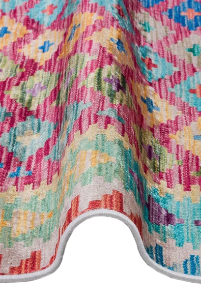 Etnik Kilim Desenli Pamuk Taban Yıkanabilir Halı  KIRMIZI 80X150 - 3