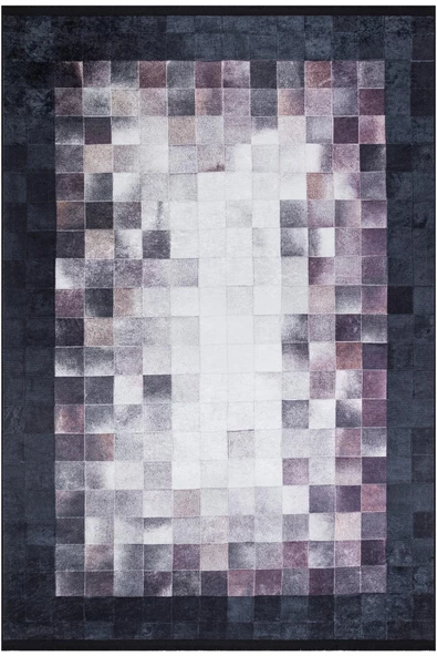 Deri Patchwork Desenli Dijital Baskılı Pamuk Taban Yıkanabilir Halı  SİYAH 100X300
