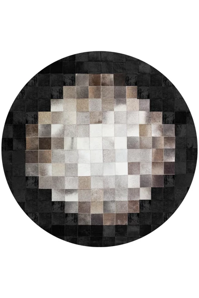 Deri Patchwork Desenli Dijital Baskılı Pamuk Taban Yıkanabilir Yuvarlak Halı  SİYAH 120X120
