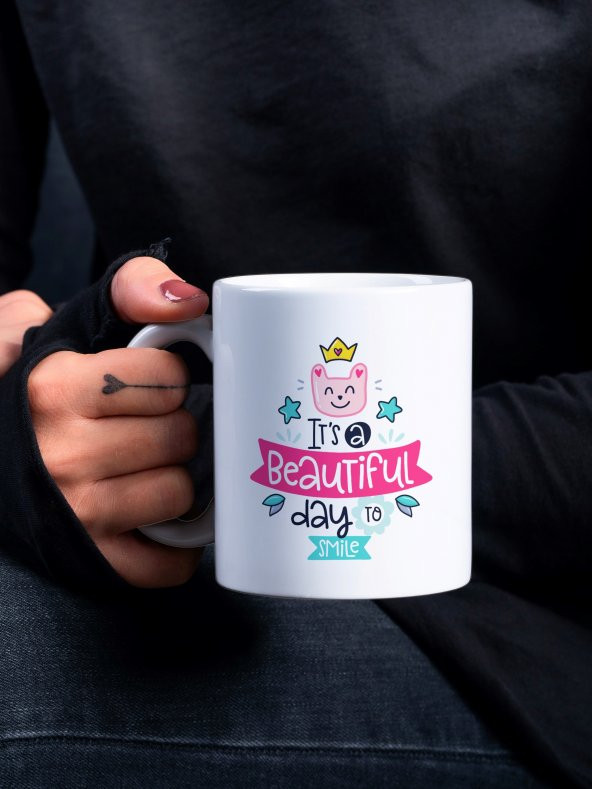 Renkli Lettering Serisi Beautiful Day Özel Tasarım Baskılı Kupa Bardak Eğlenceli Kupa Kahve Bardağı