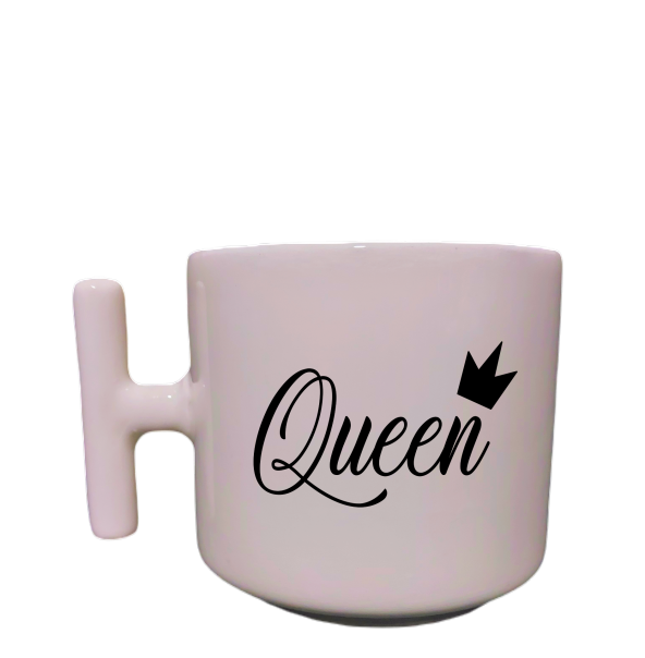 Queen Yazılı Krem Rengi T Saplı Eğlenceli Yazılı  Özel Tasarım Baskılı T Kupa Bardak Latte Bardağı