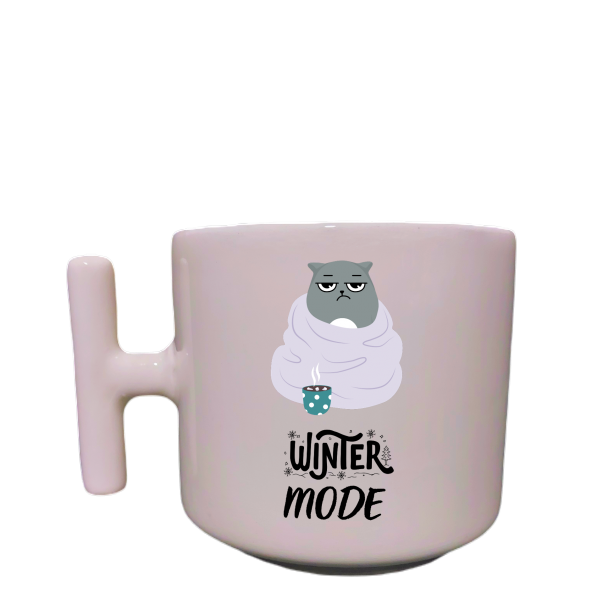 Kedili Winter Mode Yazılı Krem Rengi Eğlenceli Esprili Özel Tasarım T Kupa Bardak Latte Bardağı