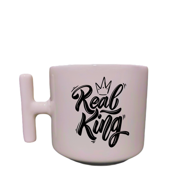 Real King Yazılı Krem Rengi T Saplı Eğlenceli Yazılı  Özel Tasarım Baskılı Kupa Bardak Latte Bardağı
