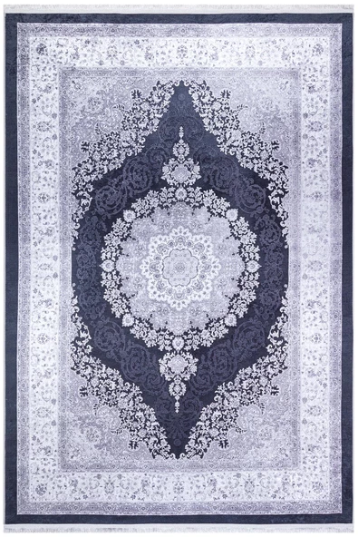 Klasik Desen Pamuk Taban Yıkanabilir Dijital Baskılı Halı  SİYAH 80X200