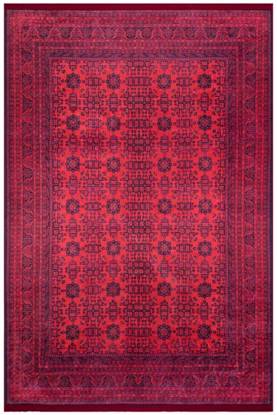 Afgan Desen Yıkanabilir Pamuk Taban Kırmızı Halı  KIRMIZI 140X200
