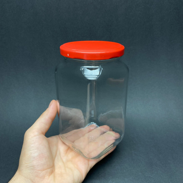 850 cc Kırımızı Metal Kapaklı Köşeli Cam Kavanoz