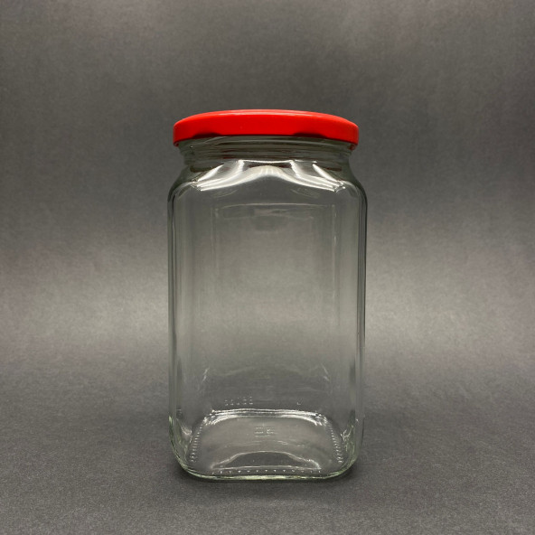 850 cc Kırımızı Metal Kapaklı Köşeli Cam Kavanoz - 5
