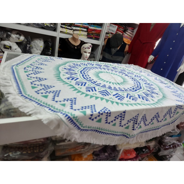 Yuvarlak Plaj Havlusu - Birteks A.Ş. marka- Kenarı Saçaklı- İçi Bukle Beyaz Havlu-Çapı:154 cm