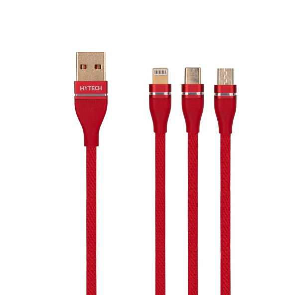 HYTECH HY-X505 1.2M 3A MICRO USB + LIGHTNING + TYPEC 3 IN 1 KIRMIZI ŞARJ KABLOSU - 1