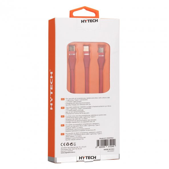HYTECH HY-X505 1.2M 3A MICRO USB + LIGHTNING + TYPEC 3 IN 1 KIRMIZI ŞARJ KABLOSU - 4