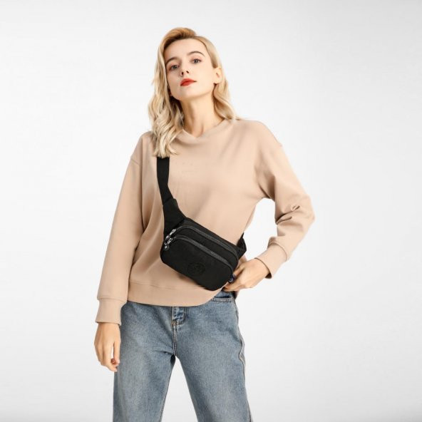 Krinkıl Kumaş Kadın Bel Çantası Smart Bags 1154 Siyah - 4