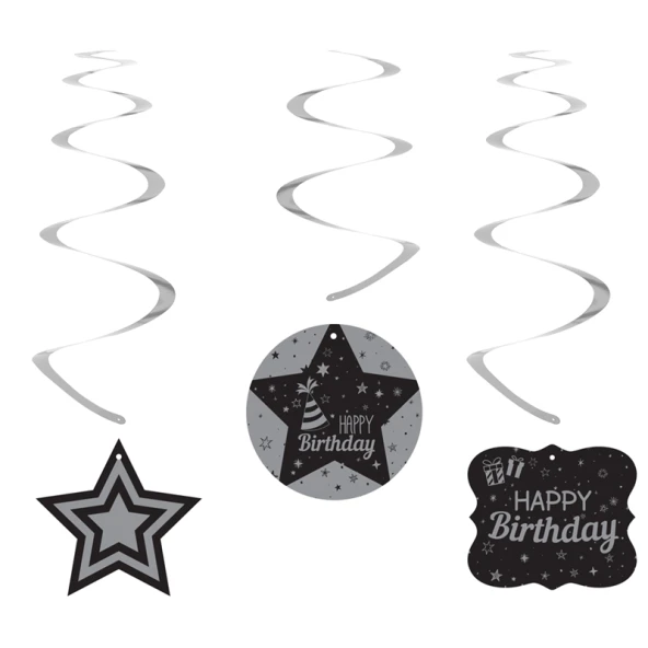 SW15 Happy Birthday Gümüş Siyah Sarkıt Süs 6lı