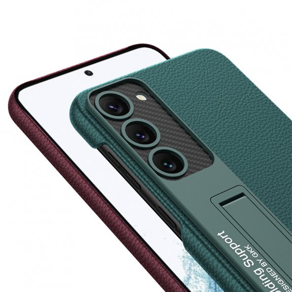 KNY Samsung Galaxy S23 Plus Kılıf Deri Desenli Standlı Sert Kıpta Kapak Bordo - 3
