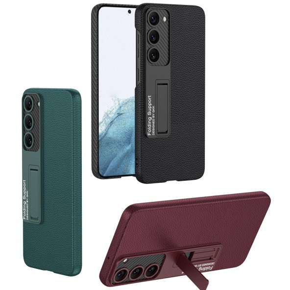 KNY Samsung Galaxy S23 Plus Kılıf Deri Desenli Standlı Sert Kıpta Kapak Bordo - 5