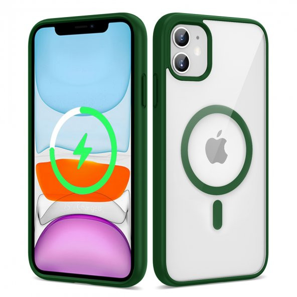 KNY Apple İphone 11 Kılıf Silikon Kenarlı Renkli Magsafeli Sert Ege Kapak Yeşil