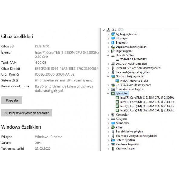 Toshiba Satellite C660-2PQ İKİNCİ EL Intel Core i3 2350M 4GB 320GB HDD 315M 15.6" HD - 10