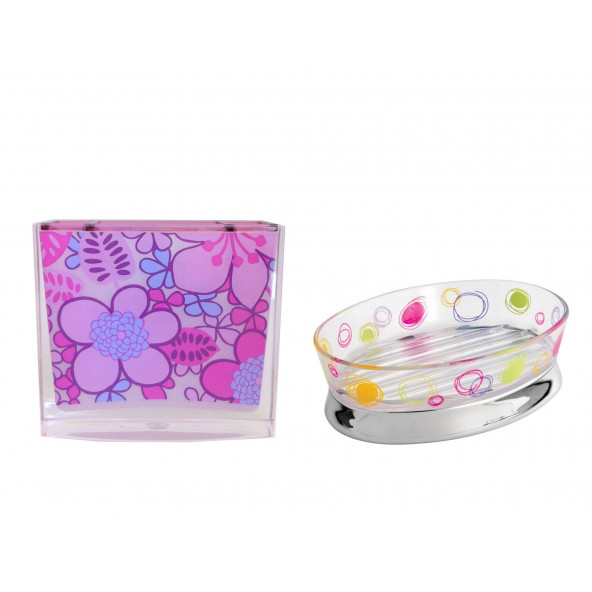 ZBOSP-C76 DİŞ FIRÇALIK SABUNLUK 2 Lİ BANYO SETİPEMBE ÇİÇEKLİ AKRİLİK - 2