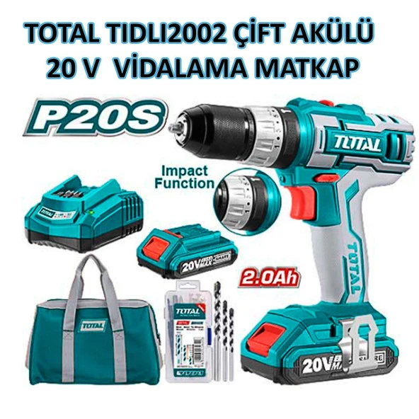 Total TIDLI2002 Çift Akülü Darbeli Vidalama Matkap 20V Lİ-ON